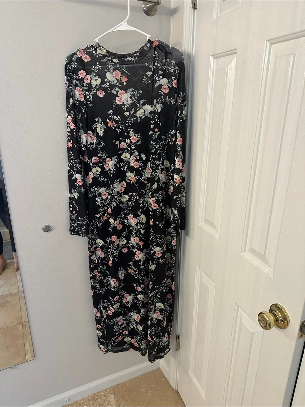 AFRM Black Long Sleeve Floral Midi Dress with Pink & Cream Blooms - Picture 1 of 6